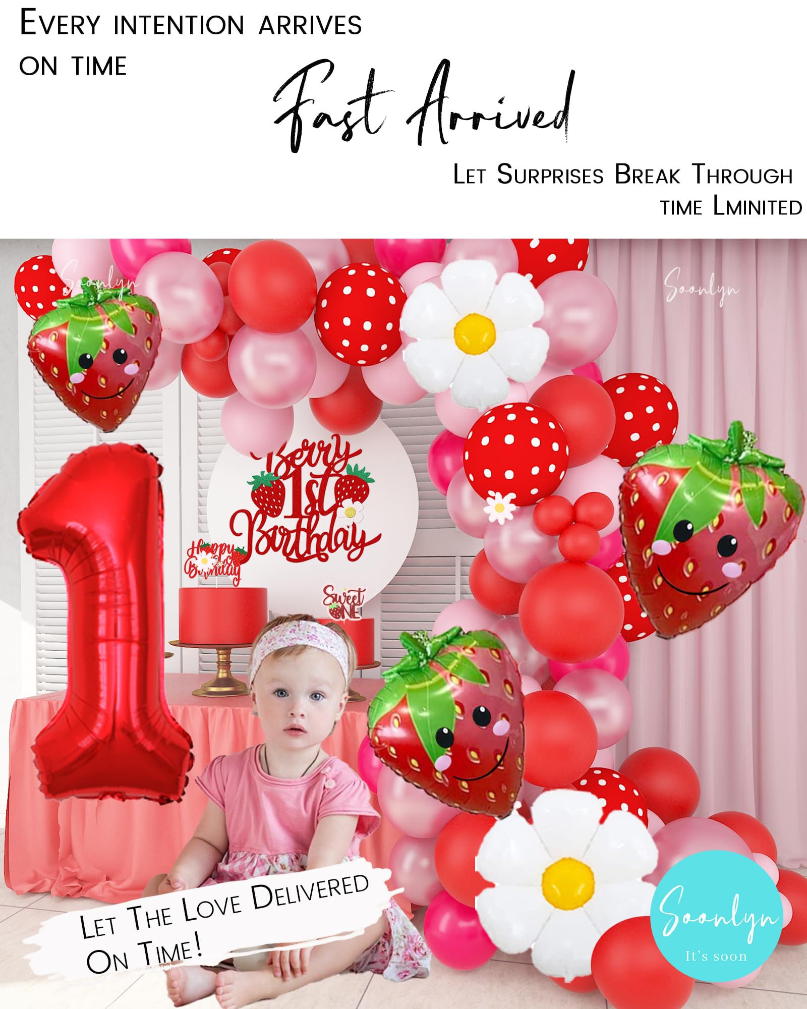 Soonlyn Berry First Birthday Decor 12Ft Strawberry Balloon Arch Kit with Strawberry Balloons Garland Foil First Daisy Dalloons for First Birthday Sweet Baby Shower