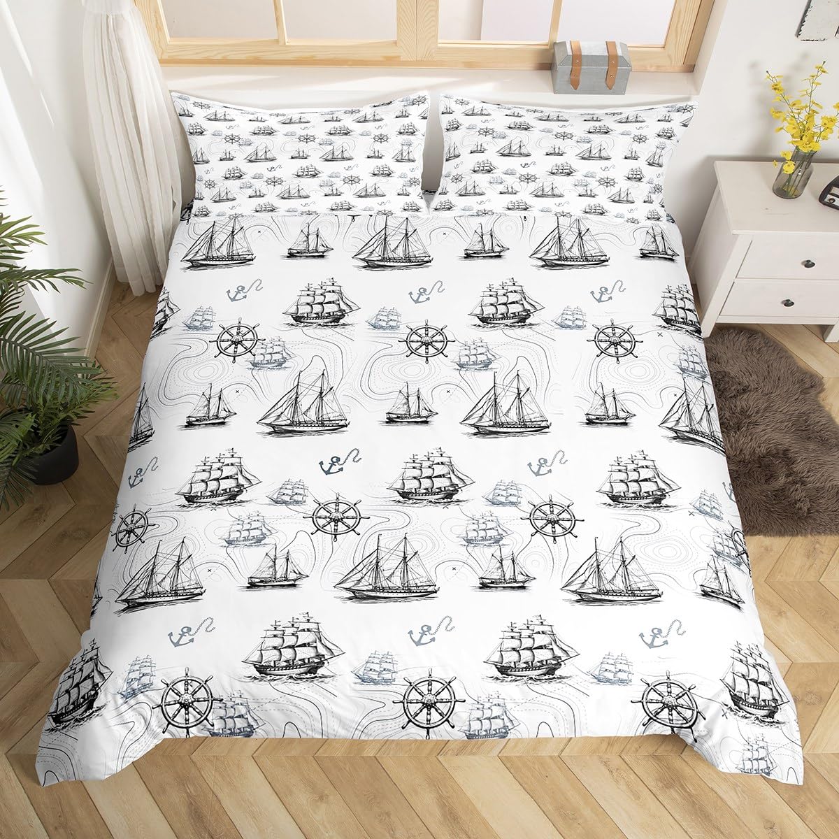 Feelyou Nautical Bedding Set Full Size Boat Print Comforter Cover Set for Kids Teens Adults Ancher Pattern Duvet Cover Ocean Themed Black White Bedspread Cover Room Decor 3Pcs with 2 Pillow Case