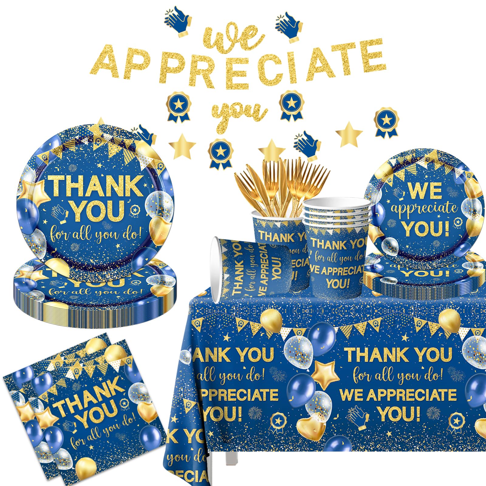 We Appreciate You Decorations Tableware set, 142Pcs Thank You for All You Do Decorations includes Thank You Plates Thank You Napkins Tablecloth for Employee Volunteer Appreciation Decorations