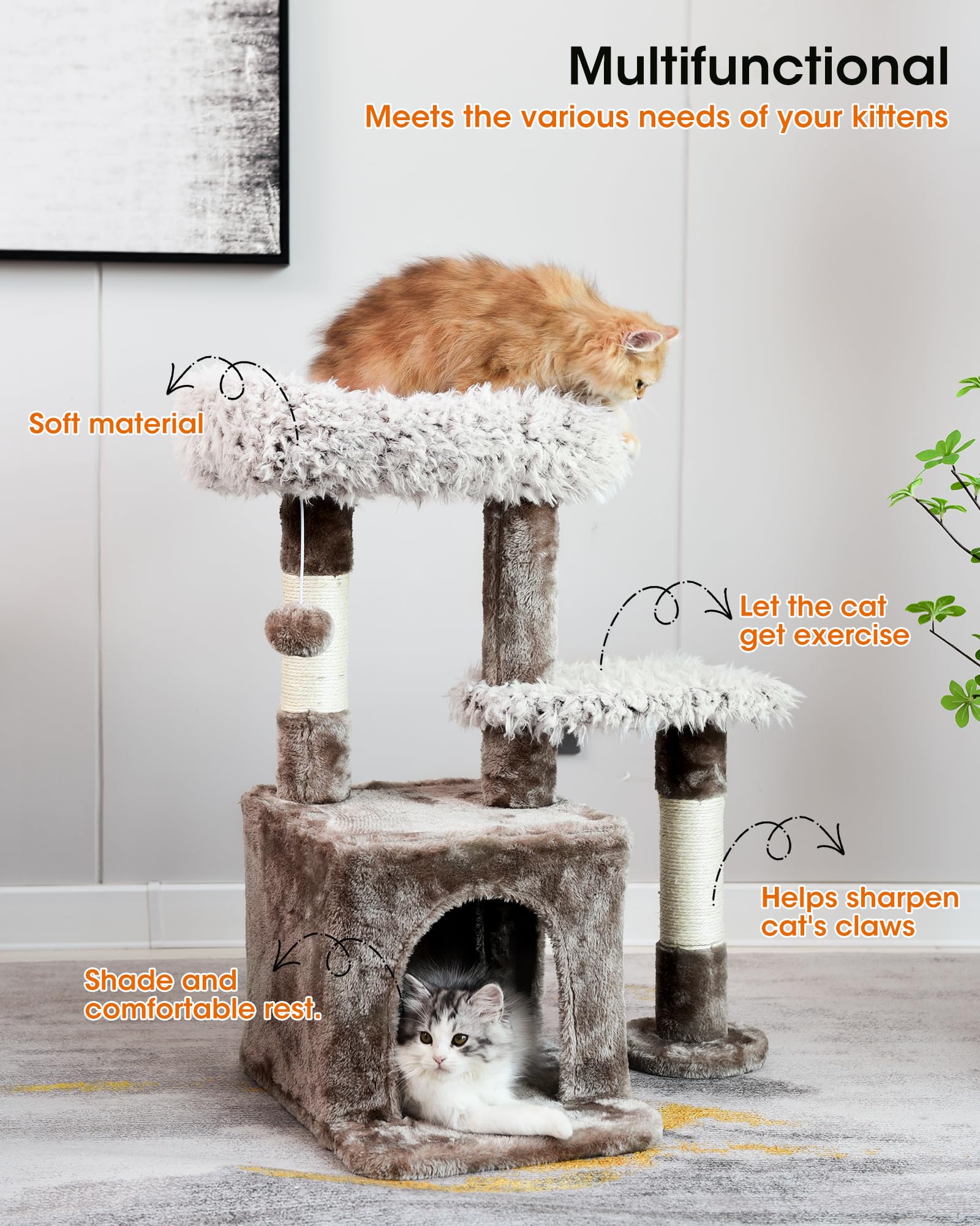 Cat Tree-Cat Tower Multi-Level Interactive 26.8 Inch Small Cat Tree Tower with Scratching Post for Climbing, Resting, and Claw Sharpening Sturdy Cat Furniture-White & Gray