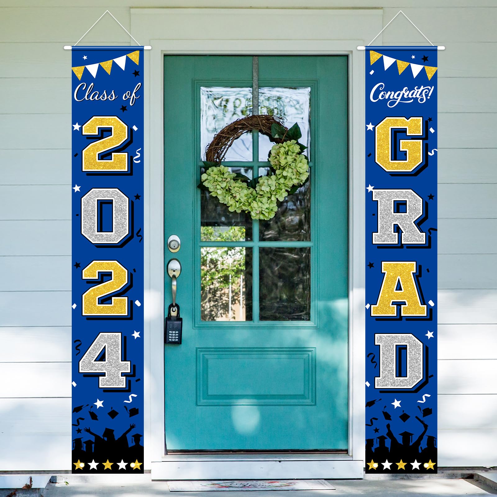 PlandRichW Graduation Banner Class of 2024, Large Blue & Gold Congrats Grad Porch Sign Doorway Welcome Graduation Decoration Celebration Supplies