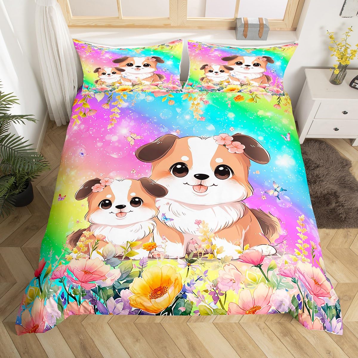 Feelyou Dog Duvet Cover Twin for Kids Toddler, Cartoon Dog Comforter Cover Puppy Dog Bedding Set Kawaii Dog Bedspread Cover Kids Room Decor Lightweight Quilt Cover