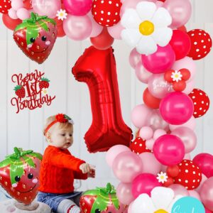 Soonlyn Berry First Birthday Decor 12Ft Strawberry Balloon Arch Kit with Strawberry Balloons Garland Foil First Daisy Dalloons for First Birthday Sweet Baby Shower