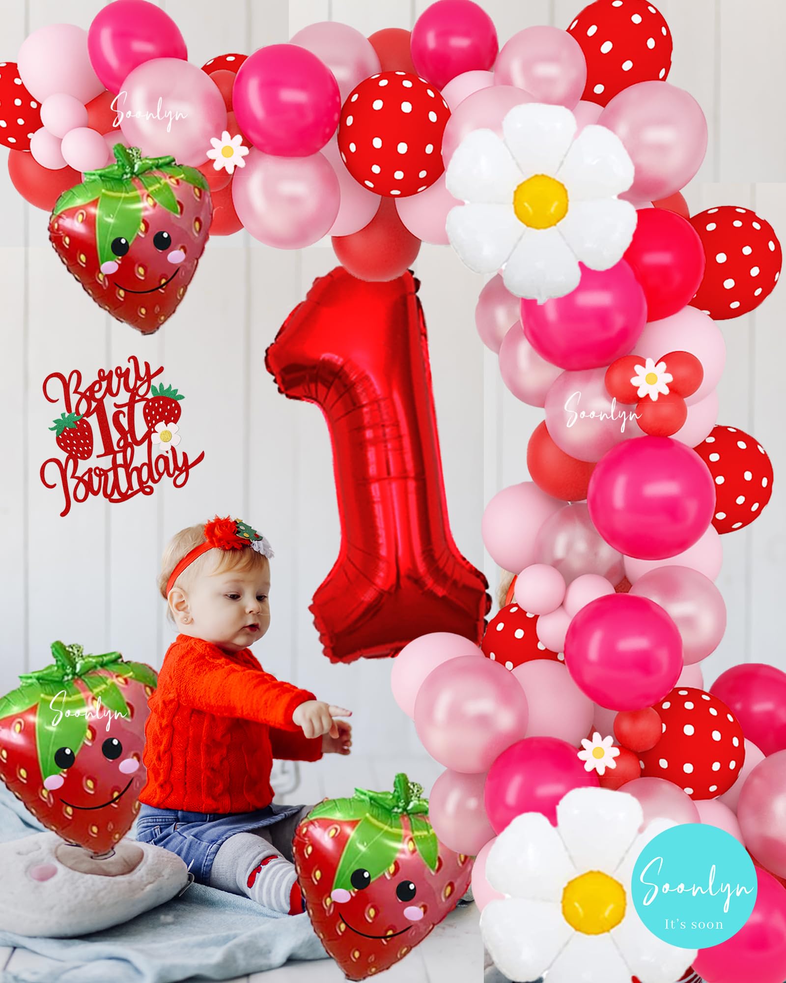 Soonlyn Berry First Birthday Decor 12Ft Strawberry Balloon Arch Kit with Strawberry Balloons Garland Foil First Daisy Dalloons for First Birthday Sweet Baby Shower