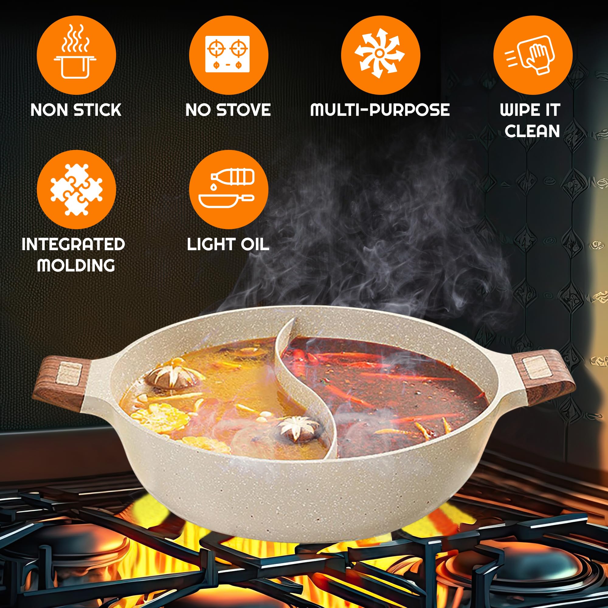 Generic 5-QT Double-flavor Multi-Functional Hot Pot Divider for Dual Broth Cooking - Dual-Sided 12 Inch Shabu Shabu Pot for Electric Induction, Gas Stove, Cooktop, Grill, Large, Beige