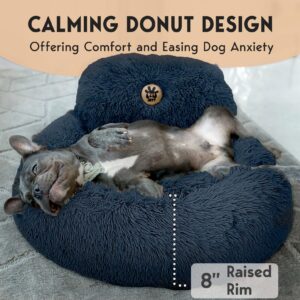 PetJett Calming Dog Bed - Donut Dog Beds for Small, Medium, Large Dogs, Anti-Slip & Washable Round Dog Bed - Fluffy Plush Faux Fur Pet Bed, Anti-Anxiety Puppy Bed, 23'' Fits Up to 25 lbs, Dark Grey