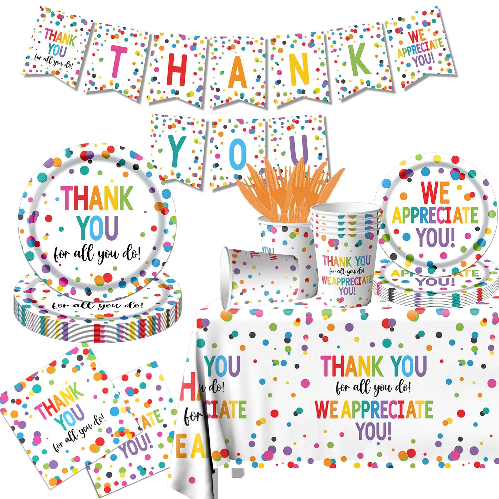 Thank You Party Plates and Napkin Decoration We Appreciate You Tableware Tablecloth Cups Banner Thank You for All You Do Employee Staff Appreciation Teacher Doctor Graduation Appreciation Party Decor