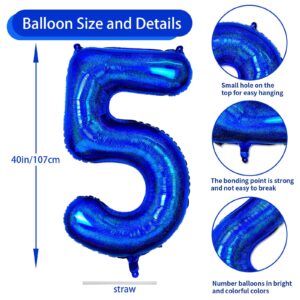 Dark Blue Number 5 Balloons, 5th Birthday Balloon, 40inch Laser Blue 5 Balloon Numbers, Large Self-Inflating Foil Balloon, 5th Birthday Decorations for Kids, 5 Anniversary Decorations