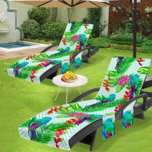 Ruikyhom Lounge Chair Towel Cover, Chaise Lounge Cover (Pack of 2), Beach Chair Covers with 3 Pockets for Pool Sunbathing Beach Garden Courtyard Outdoor Trips, 85 x30 in, Bird and Flower(Green)