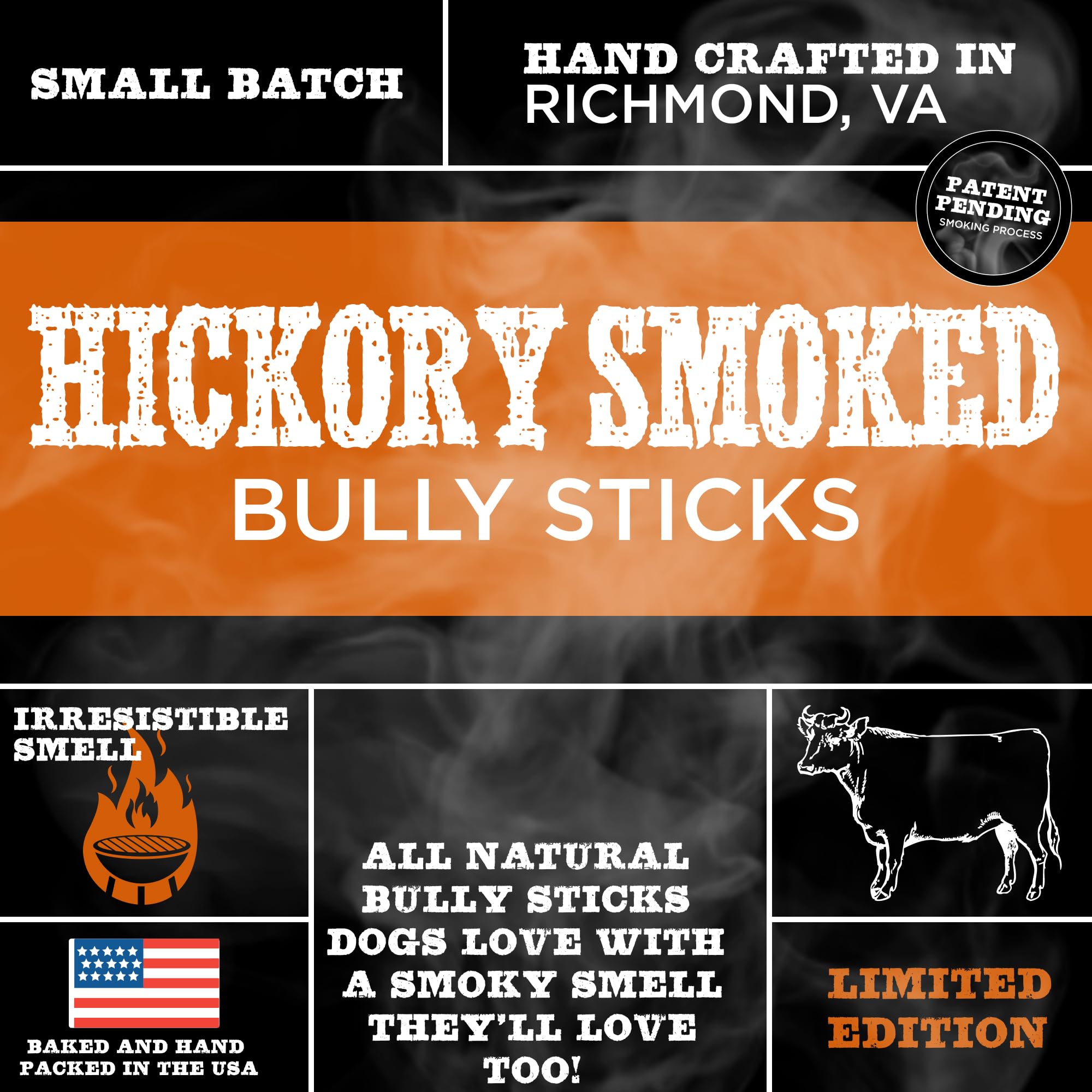 Premium Hickory Smoked 100% Natural 4 Inch Bully Sticks for Dogs - Odor Free with Smoky Aroma - No Additives, Free-Range Grass-Fed Beef, Grain-Free Rawhide-Free - Mini Bully Sticks, 10 Pack