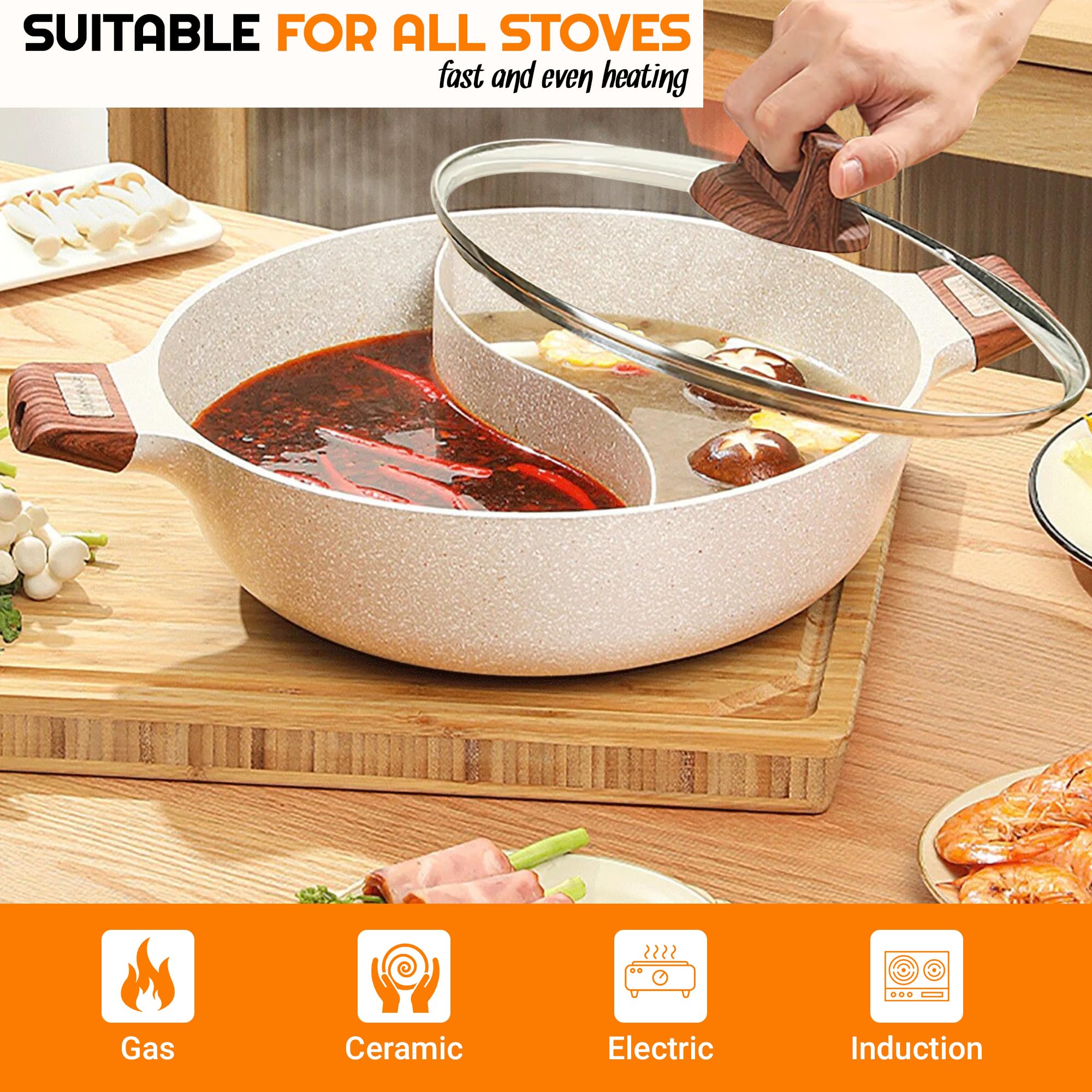 Generic 5-QT Double-flavor Multi-Functional Hot Pot Divider for Dual Broth Cooking - Dual-Sided 12 Inch Shabu Shabu Pot for Electric Induction, Gas Stove, Cooktop, Grill, Large, Beige