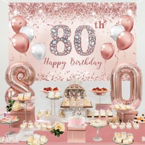 Trgowaul 80th Birthday Decorations Party Set for Women, Rose Gold 80 Birthday Banner and Tablecloth, 80 & Fabulous Sash and Tiara, 1PC Happy 80th Birthday Cake Topper, Pink Gold 80 Number Balloons