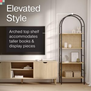 4 Tiered Arched Bookshelf with Natural Rattan Backing - Modern Home Decor - Boho Rattan Bookshelf - Arched Bookcase - Wooden Open Arched Cabinet with Shelves - Metal and Wood Bookshelf (Light Oak)