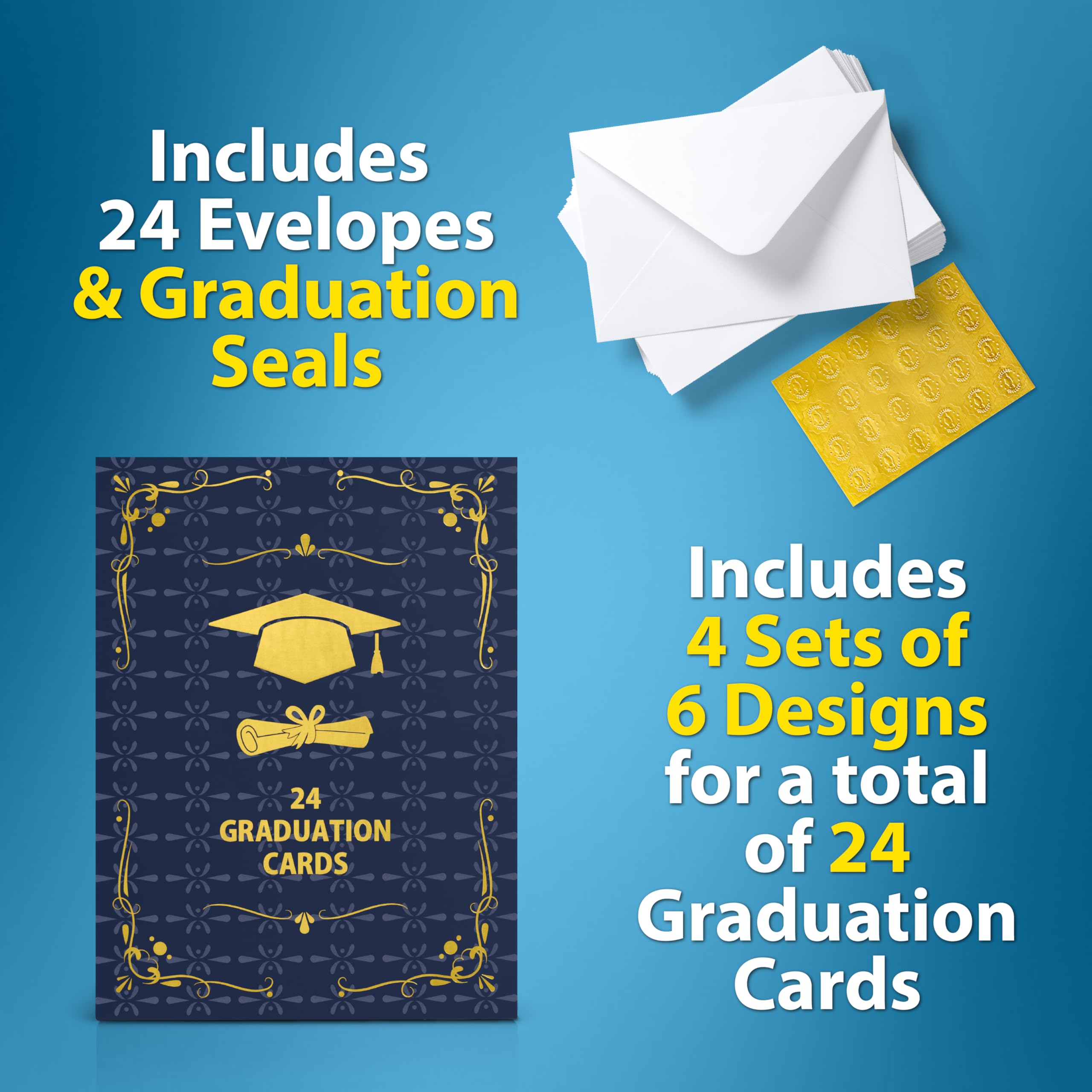 24 Pack Gold Foil 2024 Graduation Cards Bulk with Envelopes & Stickers - Variety of 6 Artist-Rendered Designs - Perfect for College & High School Graduation Gifts and Party Supplies.