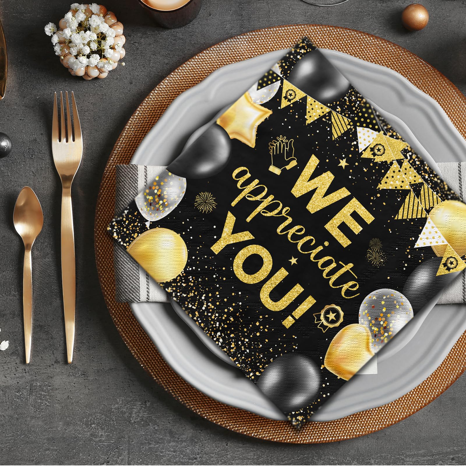 We Appreciate You Napkins Decoration,Thank You Party Decoration 40pcs Black Gold Thank You for All You Do Napkins for Appreciate Party Employee Teacher Doctor Decor