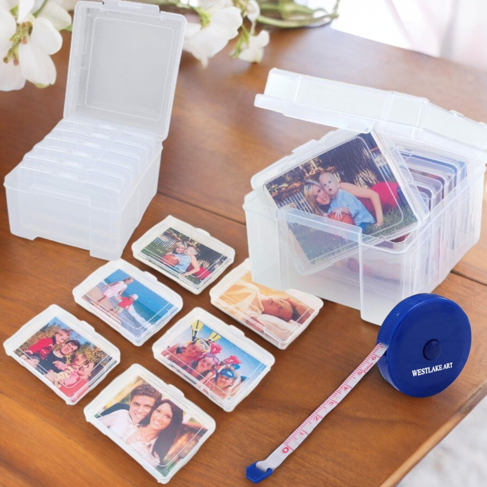 westlake art Photo Keeper Storage Box, 5.25"x8"x7.5", Clear Box for Organizing Photos, Bundle Fabric Measuring Tape, Durable & Transparent, Stackable Picture Containers~ [Pack of 2]