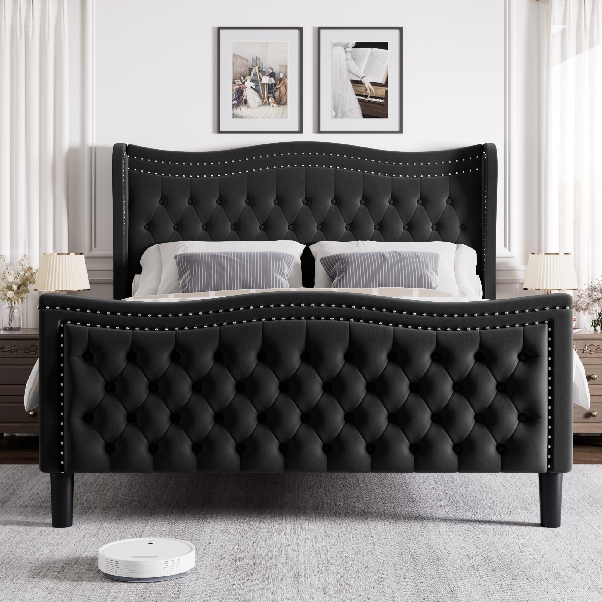 Generic Full Bed Frame, 52"" Headboard Upholstered Bed with Tall Footbaord, Velvet Upholstered Deep Button Tufted Wingback Platform Bed, No Box Spring Required/Wood Slat Support/Black