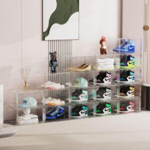 HIYOHIYO 8 Pack 360° Acrylic Clear Shoe Organizer for High-end Sports Shoes, All Clear Display Shoe Storage Box, Fully Transparent Display Case with Magnetic Door, Fit Size 14 (14.2"x10.6"x7.8")