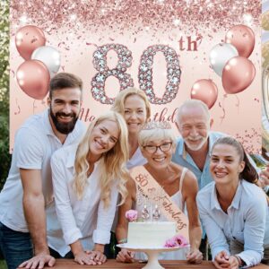 Trgowaul 80th Birthday Decorations Party Set for Women, Rose Gold 80 Birthday Banner and Tablecloth, 80 & Fabulous Sash and Tiara, 1PC Happy 80th Birthday Cake Topper, Pink Gold 80 Number Balloons