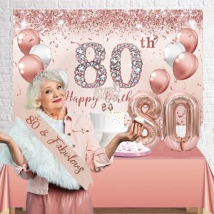 Trgowaul 80th Birthday Decorations Party Set for Women, Rose Gold 80 Birthday Banner and Tablecloth, 80 & Fabulous Sash and Tiara, 1PC Happy 80th Birthday Cake Topper, Pink Gold 80 Number Balloons