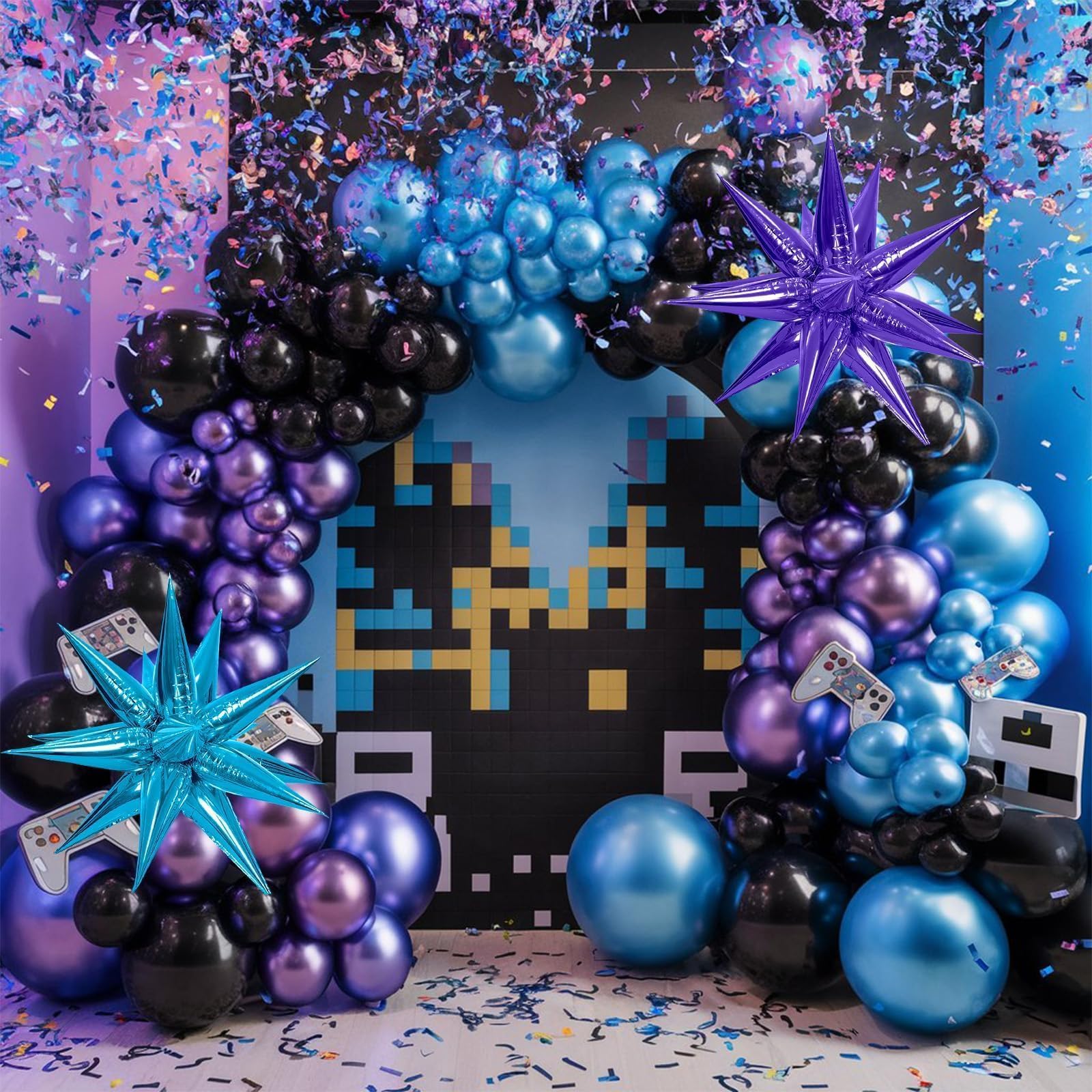 Black Purple Blue Balloon Arch Kit, Metallic Purple Blue Balloons Garland Kit with Star Balloons for Kids Video Game Party Decoration Baby Shower Engagement Party Supplies