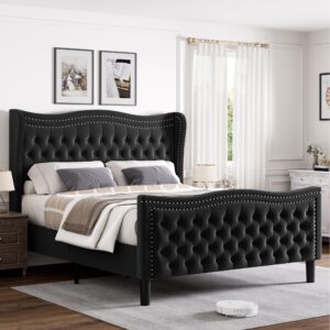 generic full bed frame, 52"" headboard upholstered bed with tall footbaord, velvet upholstered deep button tufted wingback platform bed, no box spring required/wood slat support/black