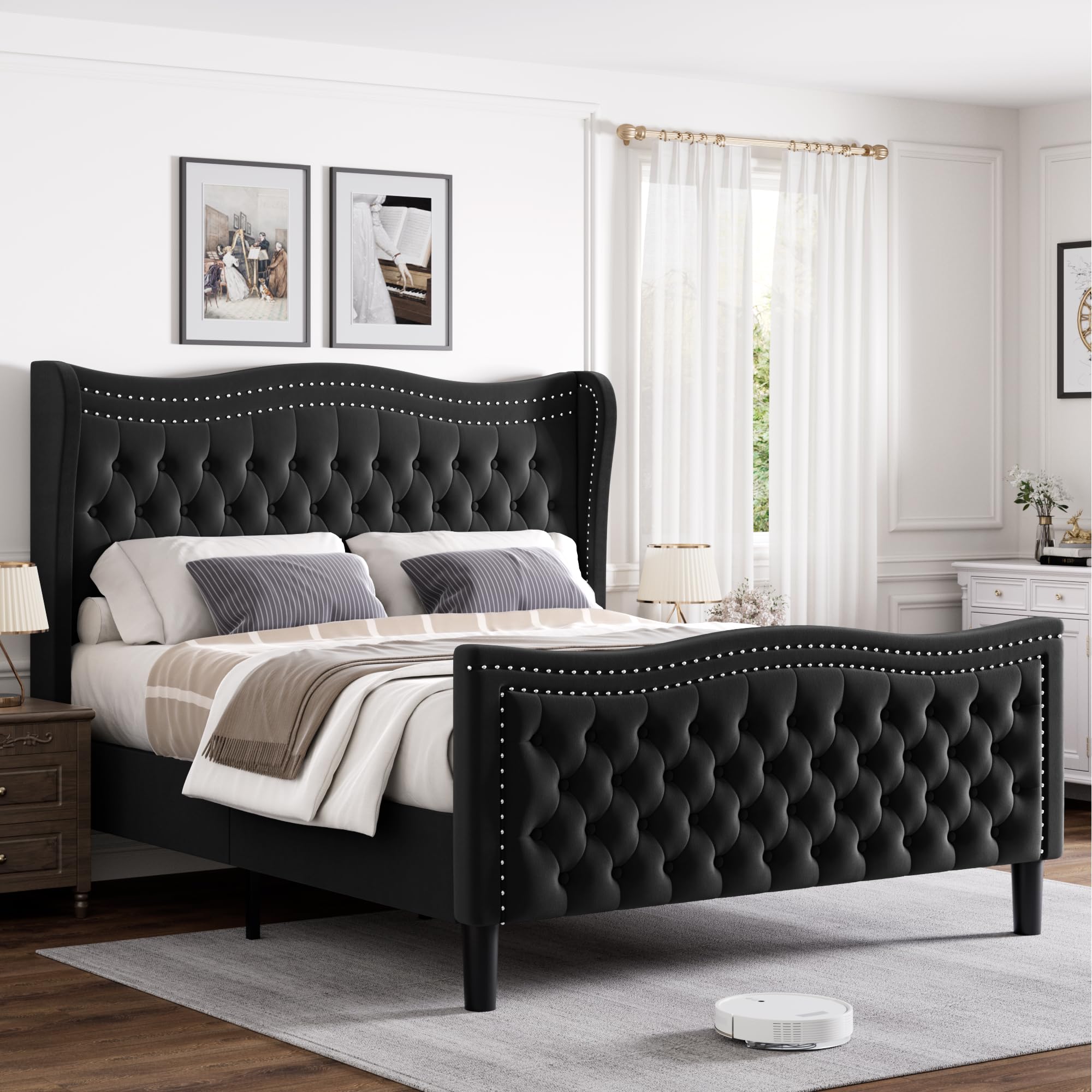 Generic Full Bed Frame, 52"" Headboard Upholstered Bed with Tall Footbaord, Velvet Upholstered Deep Button Tufted Wingback Platform Bed, No Box Spring Required/Wood Slat Support/Black