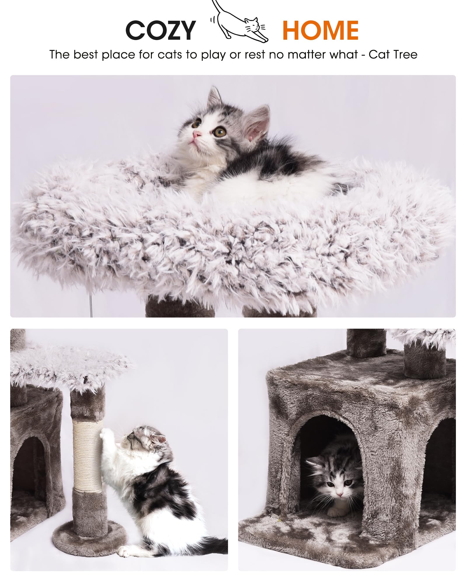 Cat Tree-Cat Tower Multi-Level Interactive 26.8 Inch Small Cat Tree Tower with Scratching Post for Climbing, Resting, and Claw Sharpening Sturdy Cat Furniture-White & Gray