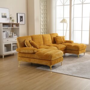 SULOPS Chenille Modern Large Accent Sofa Cloud Couch, 114" Wide U-Shaped 4-6 Seat Living Room Sofa Set, Indoor Modular Sectional Sofa Couches with 2 Chaise Lounges (Yellow-Wave)