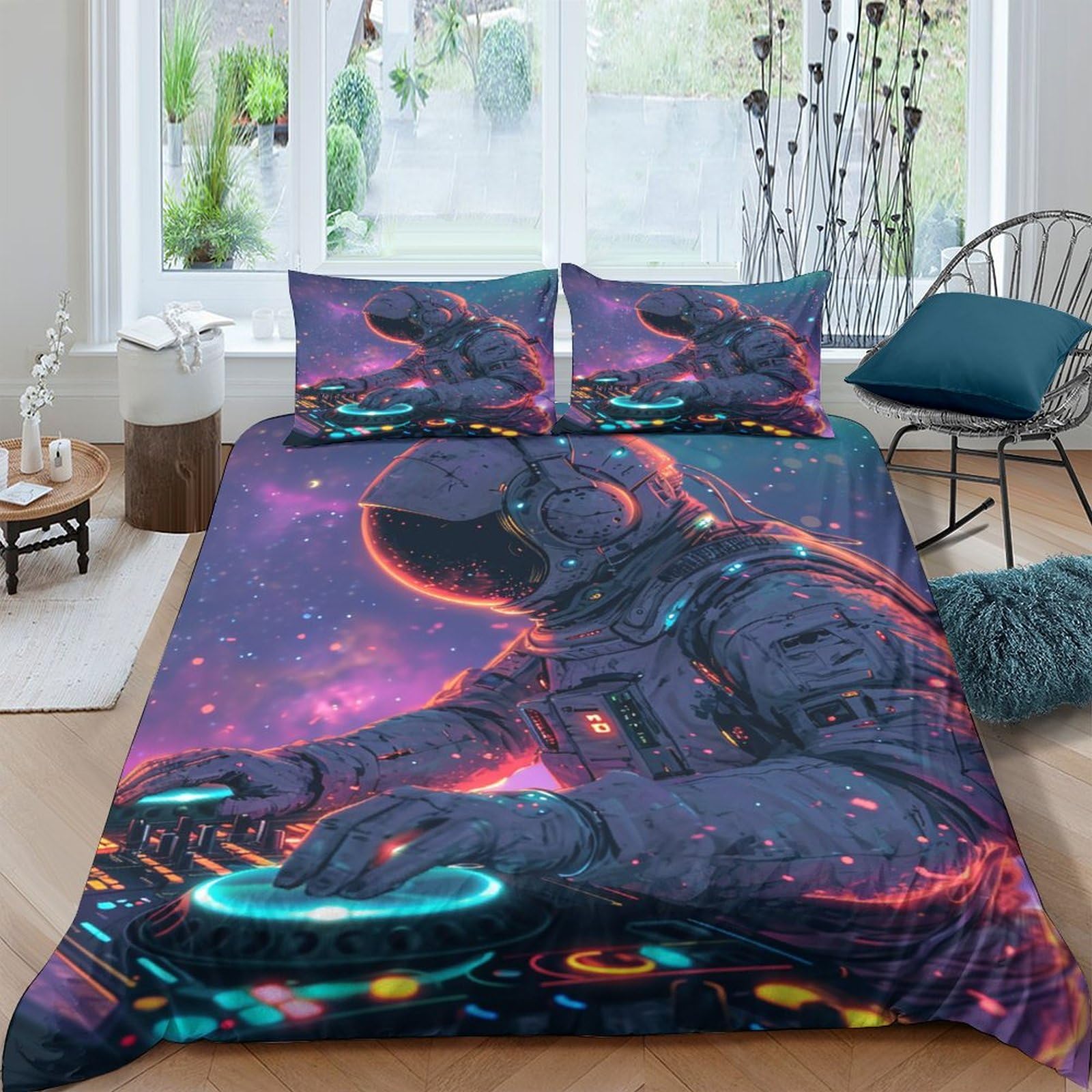 HEYLInGO Astronaut 3D Print Space DJ Quilt Cover Duvet Cover Comforter Covers for Teens and Adults with Pillow Cases Soft Microfiber Bedding Set with Zipper Closure 3 Pieces Twin（173x218cm）, Style-3