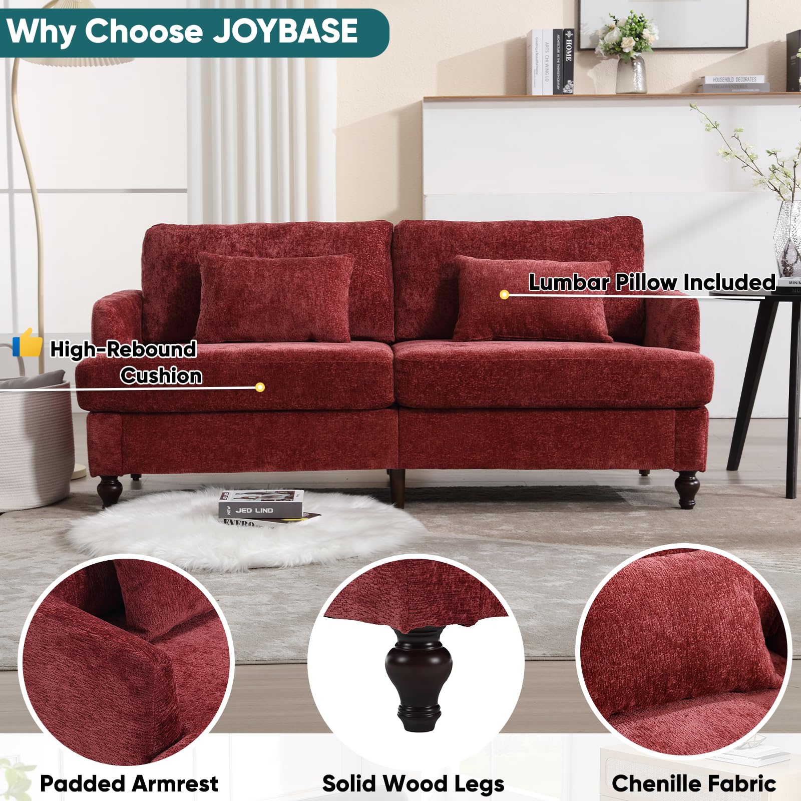 JOYBASE 70 inch Loveseat Sofa, Mid-Century Modern Love Seat Couch with Wood Legs, Upholstered Comfy Sofa for Living Room, Apartment, Office, Bedroom (Wine Red, Chenille)