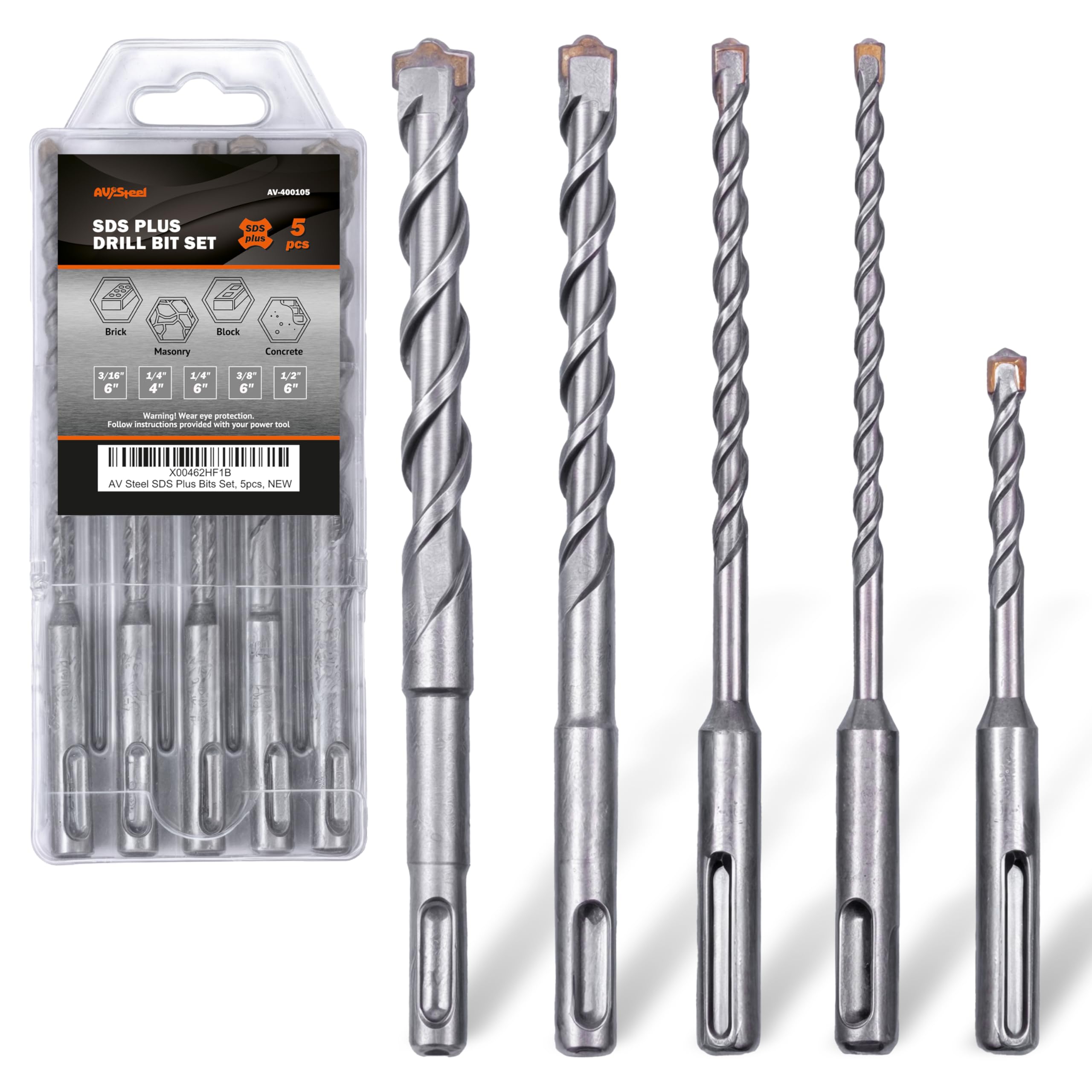 AV Steel 5-Piece SDS Plus Rotary Hammer Drill Bits, Masonry Drill Bits, Carbide Tipped SDS Drill Bit Set for Drilling, SDS Plus Drill Bit Set for Brick, Masonry, Block, Concrete with Storage Case