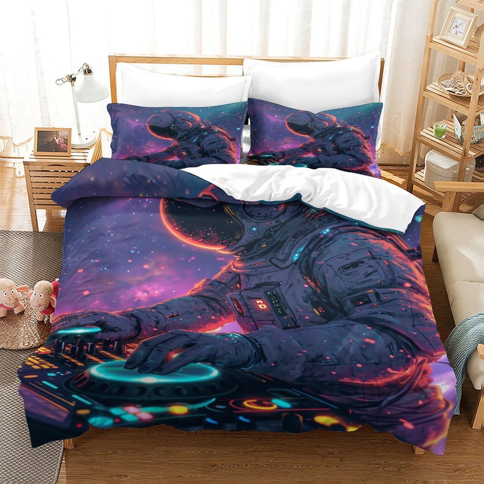 HEYLInGO Astronaut 3D Print Space DJ Quilt Cover Duvet Cover Comforter Covers for Teens and Adults with Pillow Cases Soft Microfiber Bedding Set with Zipper Closure 3 Pieces Twin（173x218cm）, Style-3