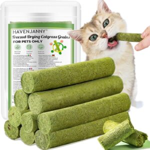 HavenJanny 50g Cat Grass Teething Stick, Freezed Drying Cat Grass Sticks Snacks for Cats, Edible Cat Treats for Teeth Cleaning and Hairball Removal