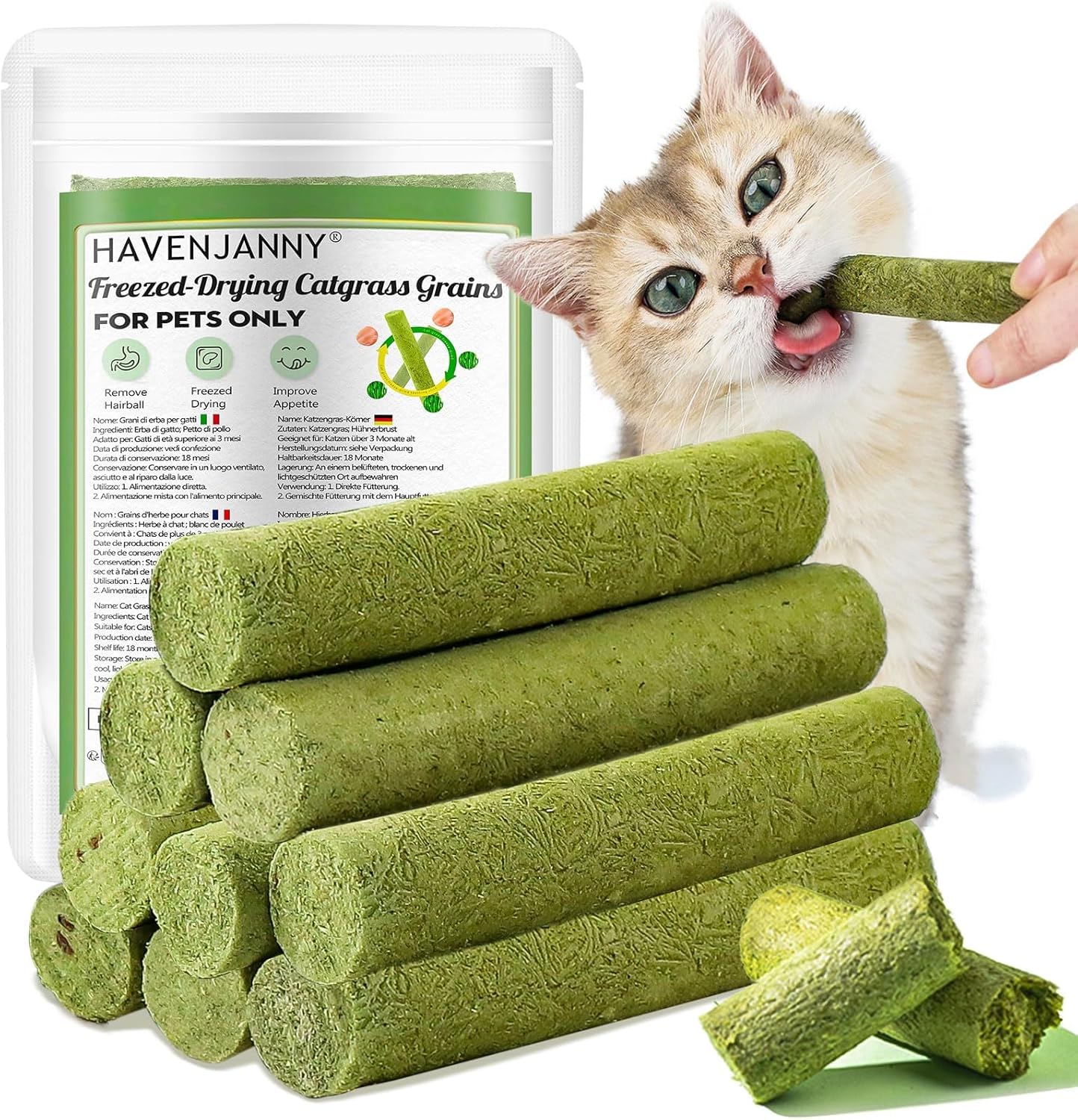 HavenJanny 50g Cat Grass Teething Stick, Freezed Drying Cat Grass Sticks Snacks for Cats, Edible Cat Treats for Teeth Cleaning and Hairball Removal