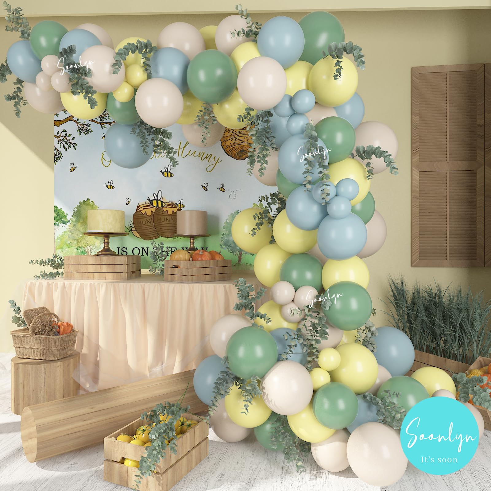 Soonlyn The Baby Shower Decorations, 13Ft Sage Green Balloon Arch Kit 12In Yellow Dusty Blue White Sand Balloons for Birthday Party Decorations