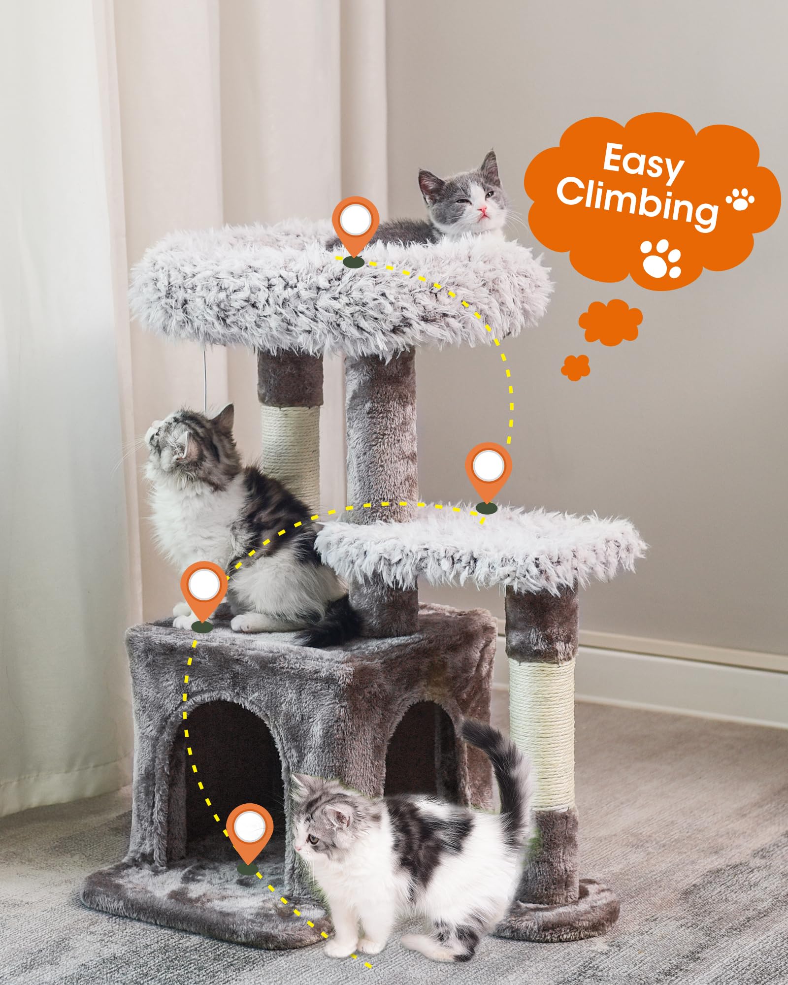 Cat Tree-Cat Tower Multi-Level Interactive 26.8 Inch Small Cat Tree Tower with Scratching Post for Climbing, Resting, and Claw Sharpening Sturdy Cat Furniture-White & Gray