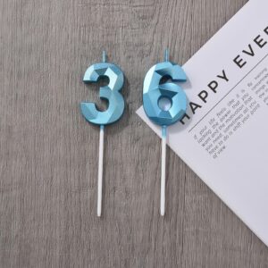 2 inch Blue 36 Birthday Candles, 3D Diamond Number 36th Cake Topper for Boys Girls Birthday Party Decorations Theme Party