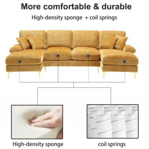 SULOPS Chenille Modern Large Accent Sofa Cloud Couch, 114" Wide U-Shaped 4-6 Seat Living Room Sofa Set, Indoor Modular Sectional Sofa Couches with 2 Chaise Lounges (Yellow-Wave)