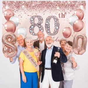 Trgowaul 80th Birthday Decorations Party Set for Women, Rose Gold 80 Birthday Banner and Tablecloth, 80 & Fabulous Sash and Tiara, 1PC Happy 80th Birthday Cake Topper, Pink Gold 80 Number Balloons