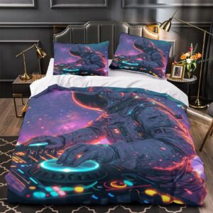 HEYLInGO Astronaut 3D Print Space DJ Quilt Cover Duvet Cover Comforter Covers for Teens and Adults with Pillow Cases Soft Microfiber Bedding Set with Zipper Closure 3 Pieces Twin（173x218cm）, Style-3