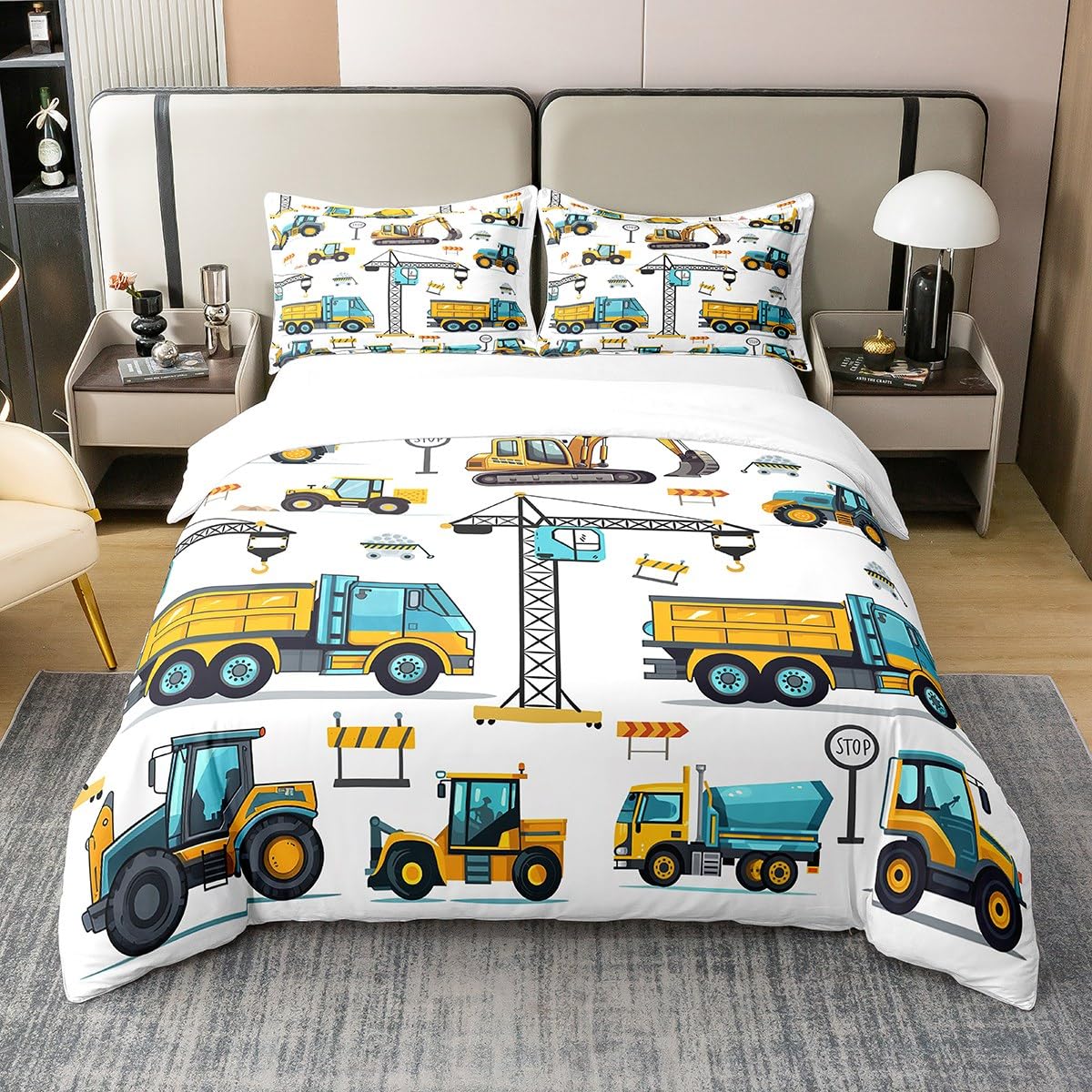 Erosebridal Kids Construction 100% Cotton Twin Bedding Sets for Boys,Excavator Trucks Comforter Cover Cartoon Tractor Car Vehicle Toddler Bed Set Yellow Blue (1 Duvet Cover and 1 Pillow Case)