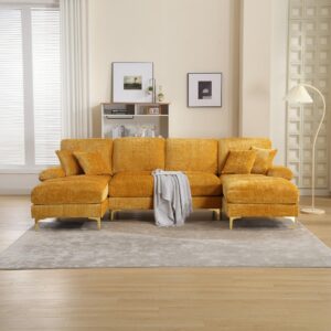 SULOPS Chenille Modern Large Accent Sofa Cloud Couch, 114" Wide U-Shaped 4-6 Seat Living Room Sofa Set, Indoor Modular Sectional Sofa Couches with 2 Chaise Lounges (Yellow-Wave)