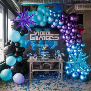 Black Purple Blue Balloon Arch Kit, Metallic Purple Blue Balloons Garland Kit with Star Balloons for Kids Video Game Party Decoration Baby Shower Engagement Party Supplies