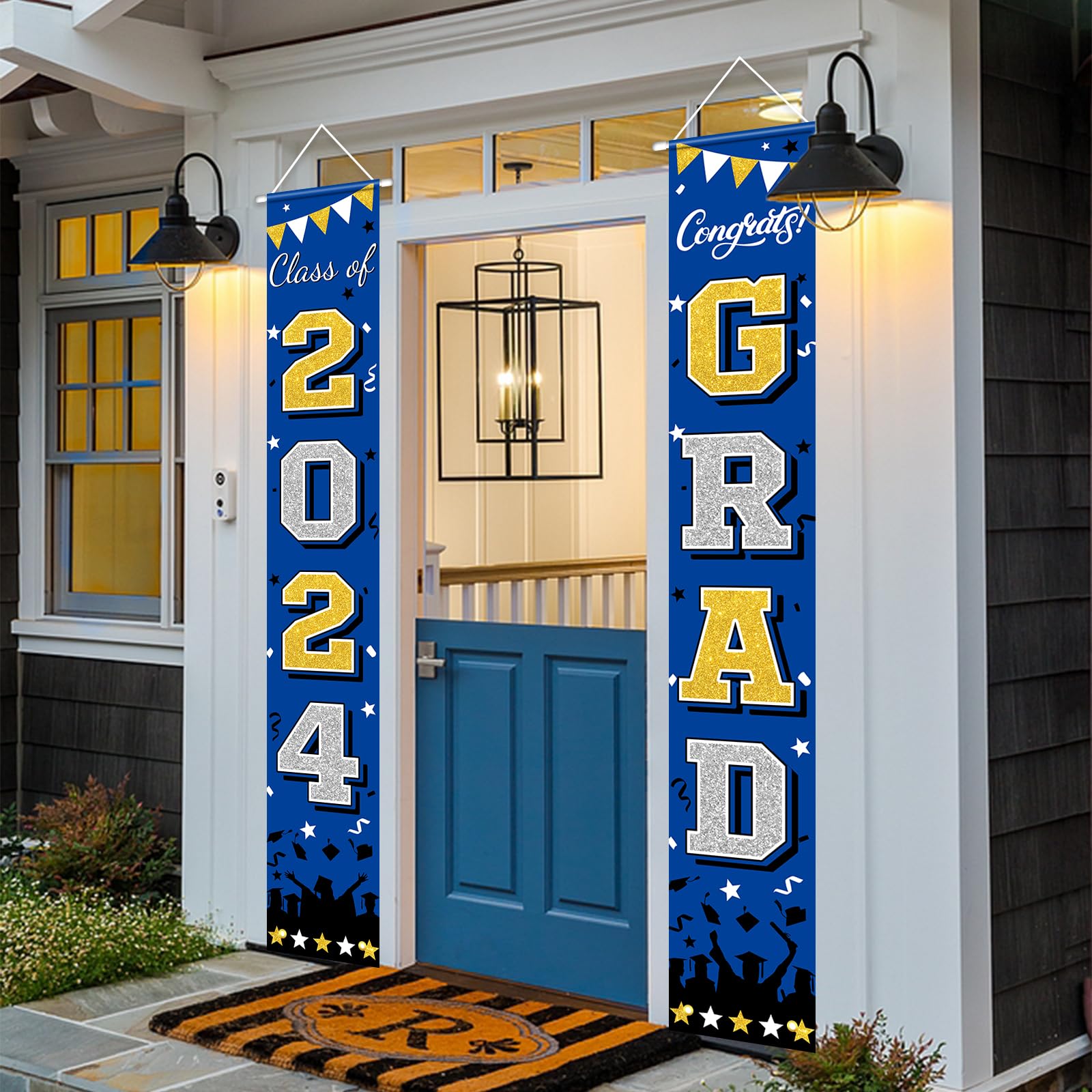 PlandRichW Graduation Banner Class of 2024, Large Blue & Gold Congrats Grad Porch Sign Doorway Welcome Graduation Decoration Celebration Supplies