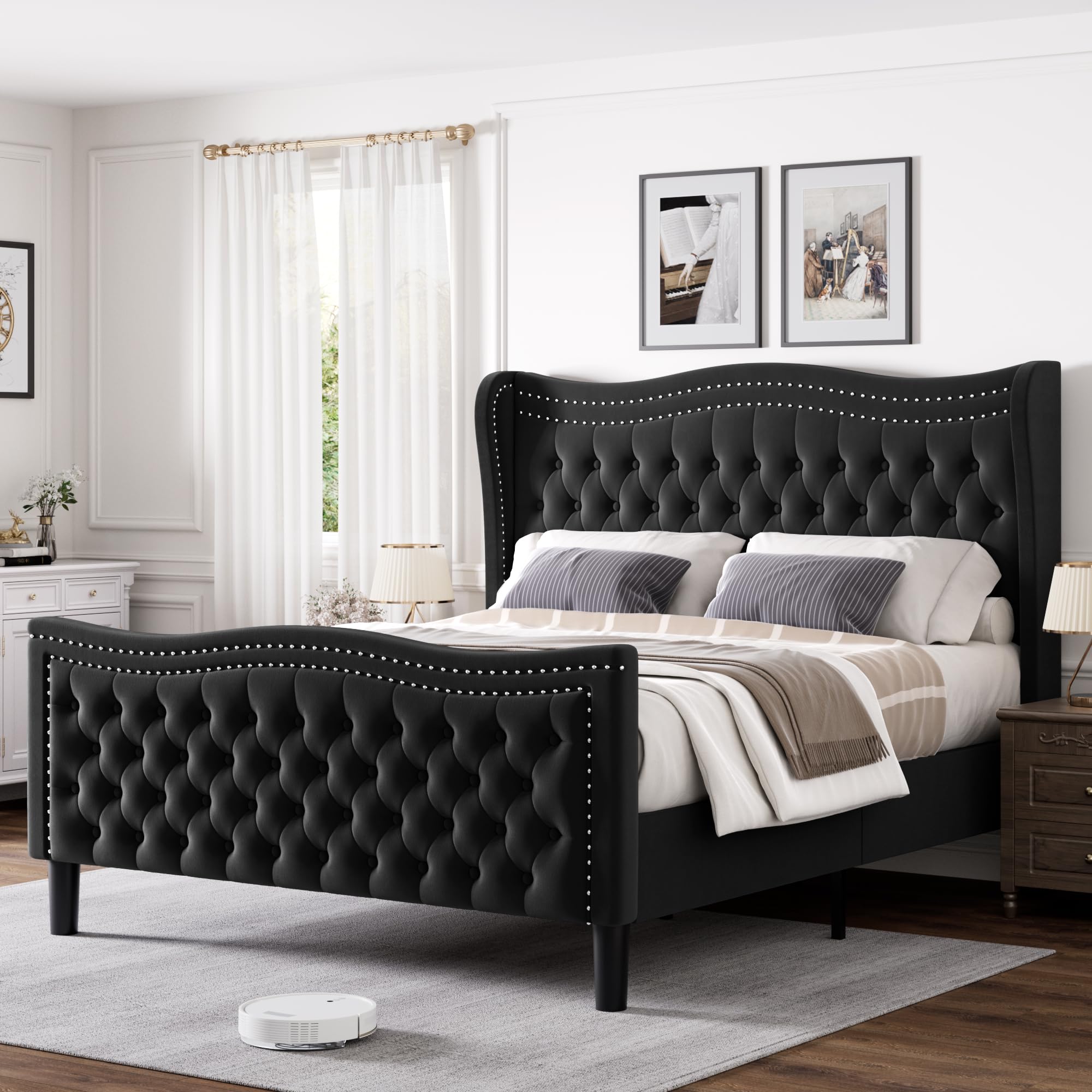 Generic Full Bed Frame, 52"" Headboard Upholstered Bed with Tall Footbaord, Velvet Upholstered Deep Button Tufted Wingback Platform Bed, No Box Spring Required/Wood Slat Support/Black