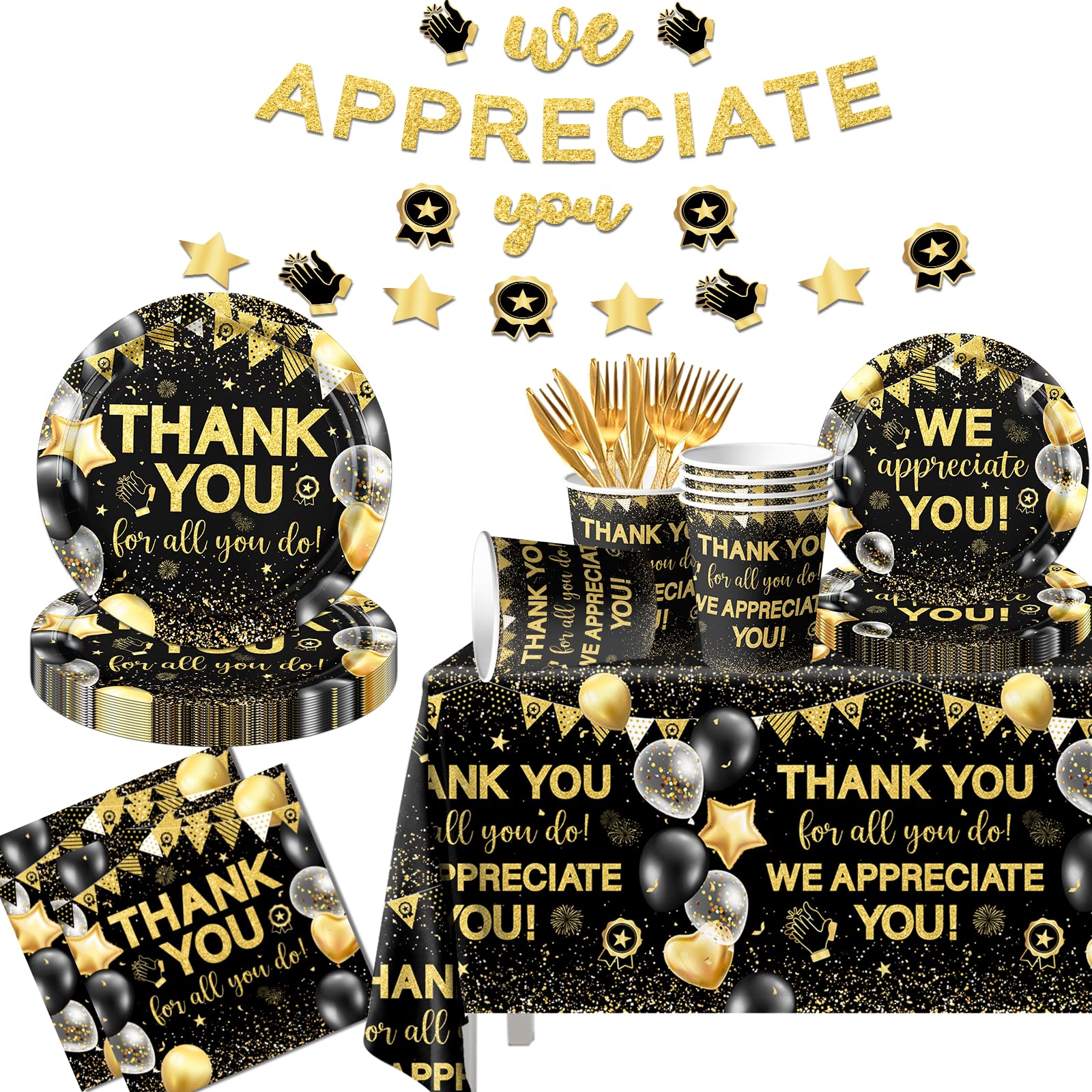 Appreciation Decorations,Black and Gold Thank You Plates And Napkins 142pcs Thank You For All You Do Party Plates Napkin Cups Tablecloth For We Appreciate You Party Supplies