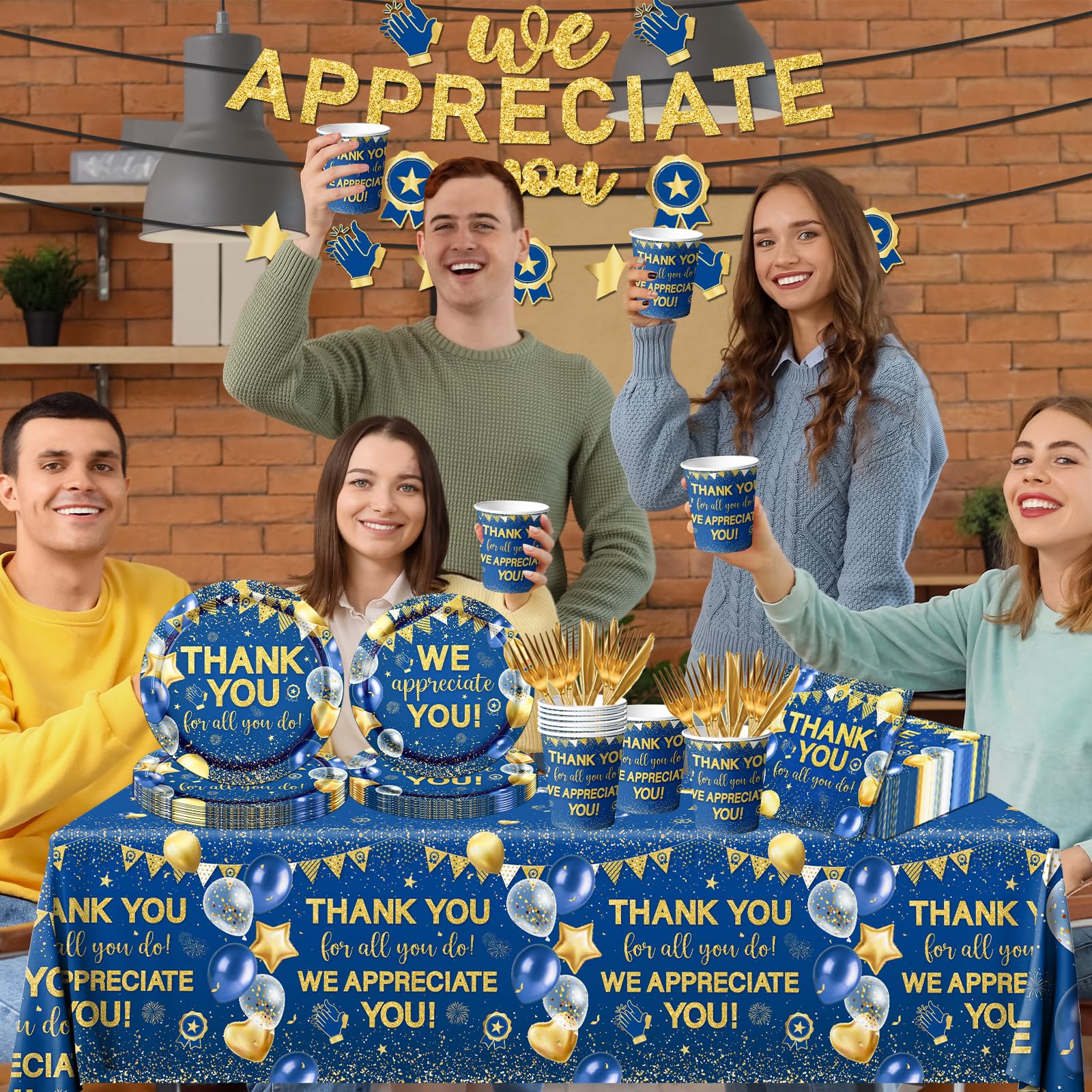 We Appreciate You Decorations Tableware set, 142Pcs Thank You for All You Do Decorations includes Thank You Plates Thank You Napkins Tablecloth for Employee Volunteer Appreciation Decorations