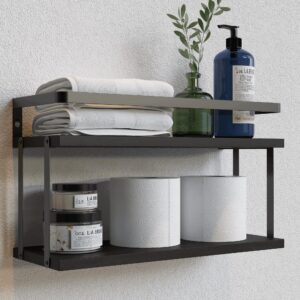 richer house dual-level guardrail floating shelves, rustic wood bathroom shelf wall mounted, over toilet paper storage shelves for bathroom wall decor, bathroom organizers and kitchen storage - black