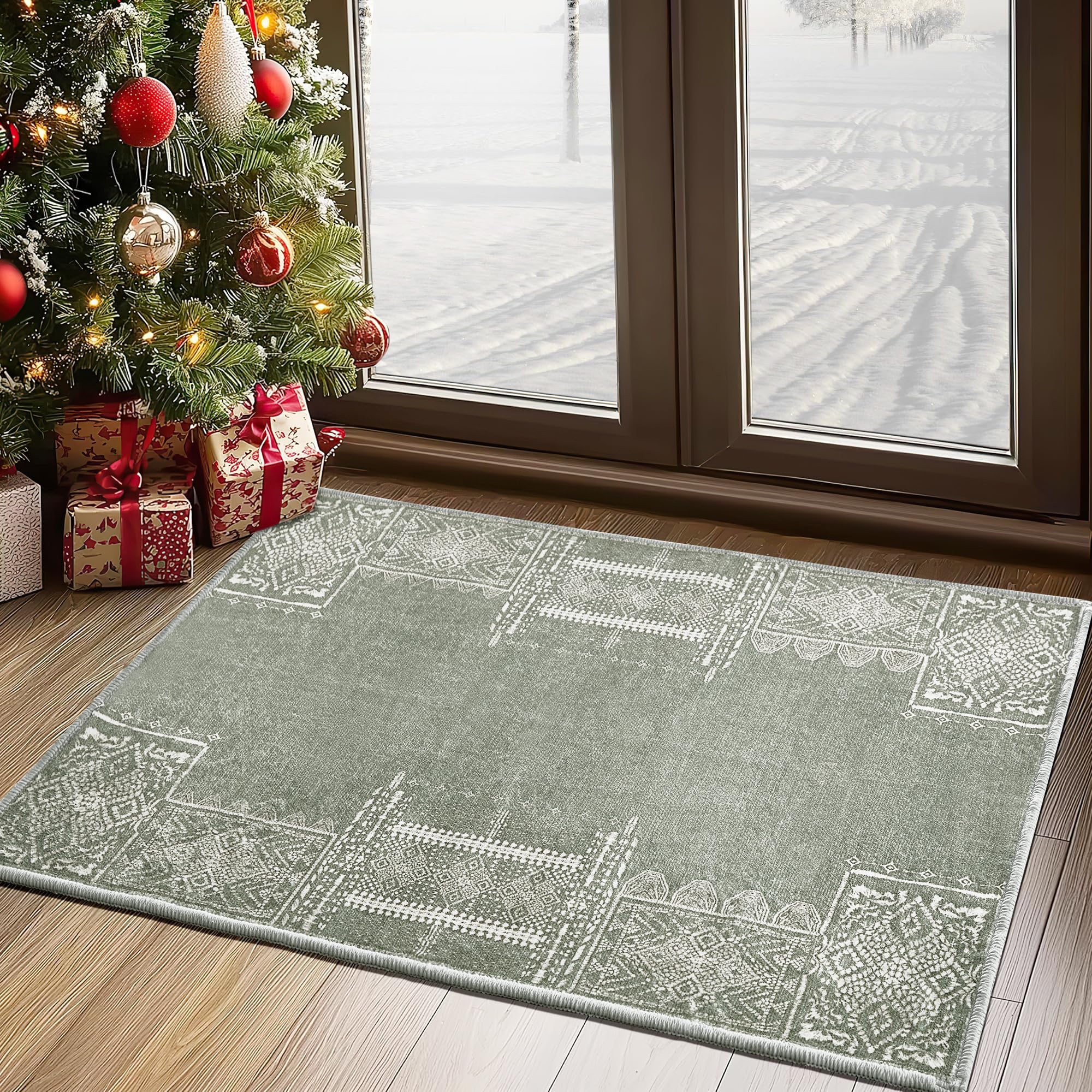 NICETOWN Sage Green Rug 2x3 Rugs Entryway Small Rug Washable Christmas Rug Thin Geometric Area Rug with Rubber Backing - 2x3 Boho Non-Slip Foyer Carpet for Kitchen Laundry Bathroom Bedroom, Sage Green